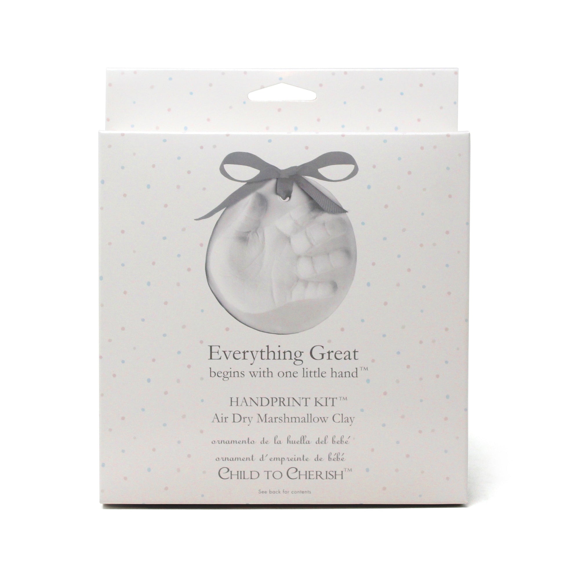 Front of Everything Great Air Dry Marshmallow Clay Handprint Kit packaging with hand impression and gray ribbon