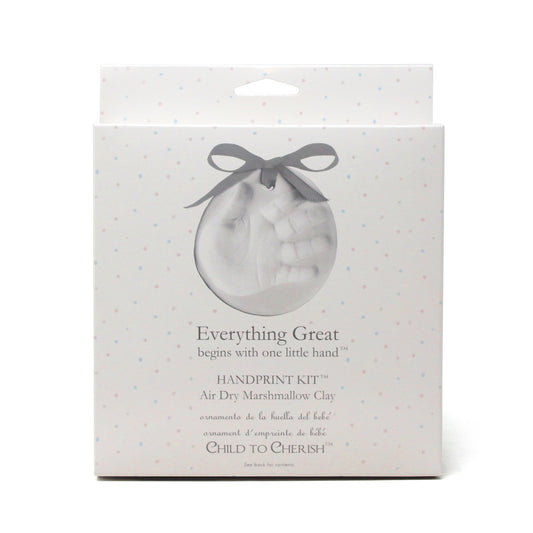 Front of Everything Great Air Dry Marshmallow Clay Handprint Kit packaging with hand impression and gray ribbon