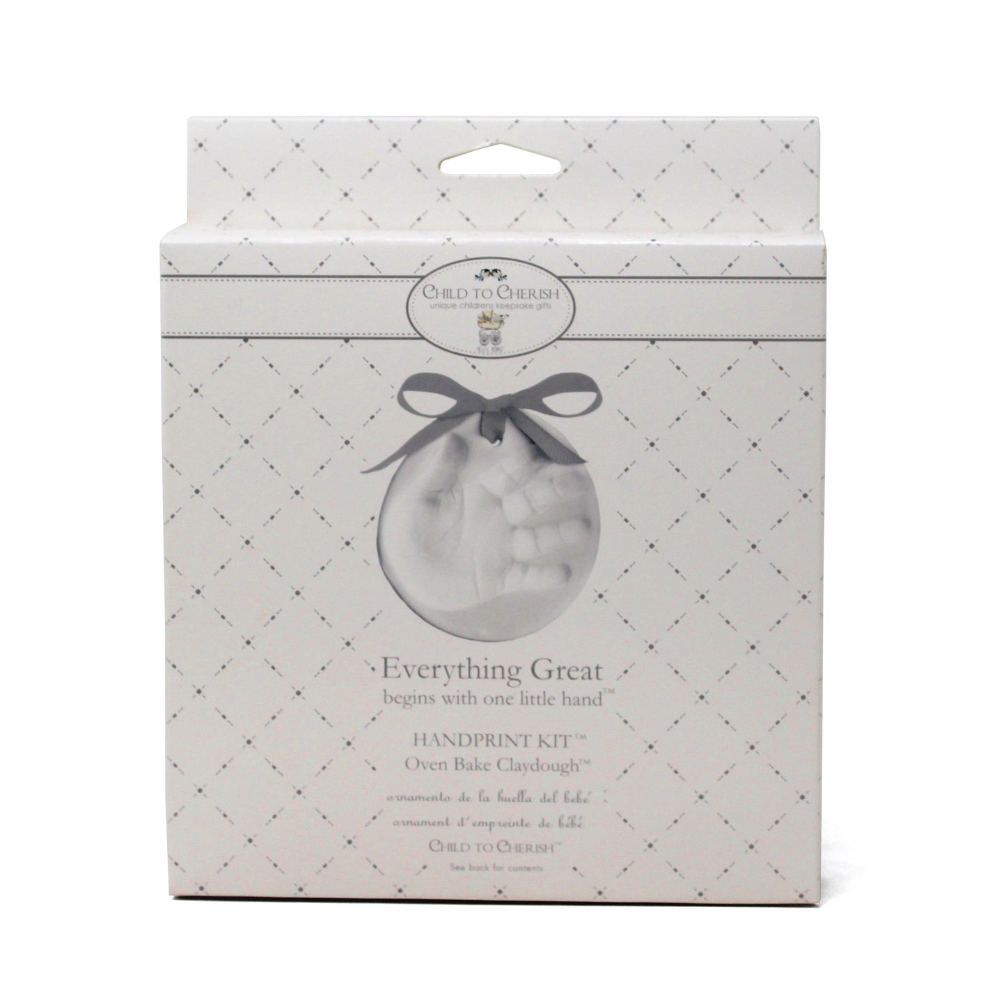 Front of the oven baked clay handprint kit packaging with decorative pattern and handprint image