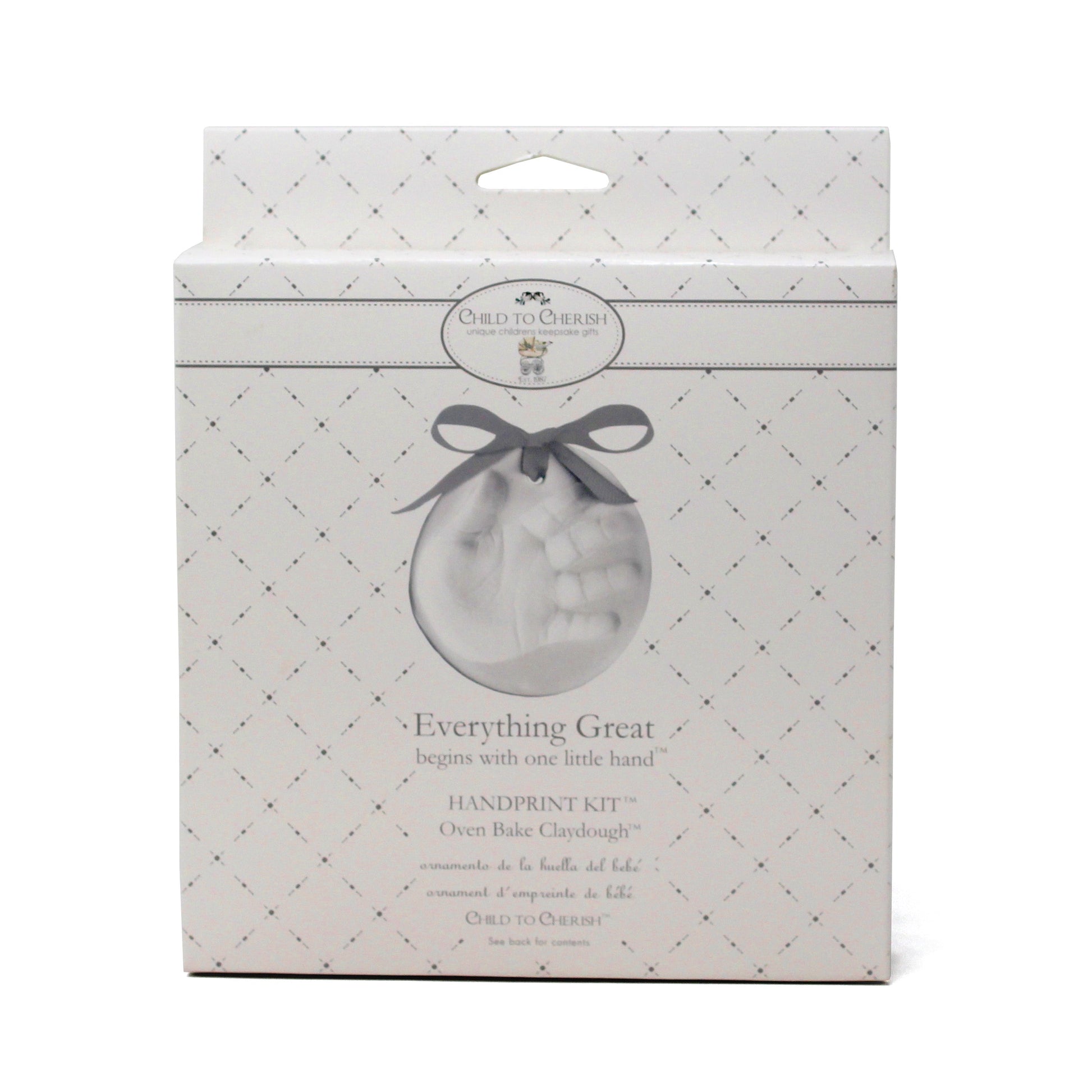 Front of the oven baked clay handprint kit packaging with decorative pattern and handprint image