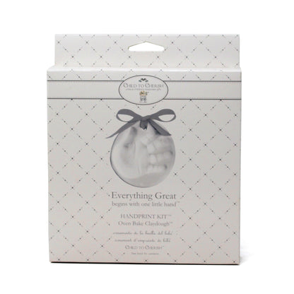 Front of the oven baked clay handprint kit packaging with decorative pattern and handprint image