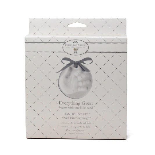 Front of the oven baked clay handprint kit packaging with decorative pattern and handprint image