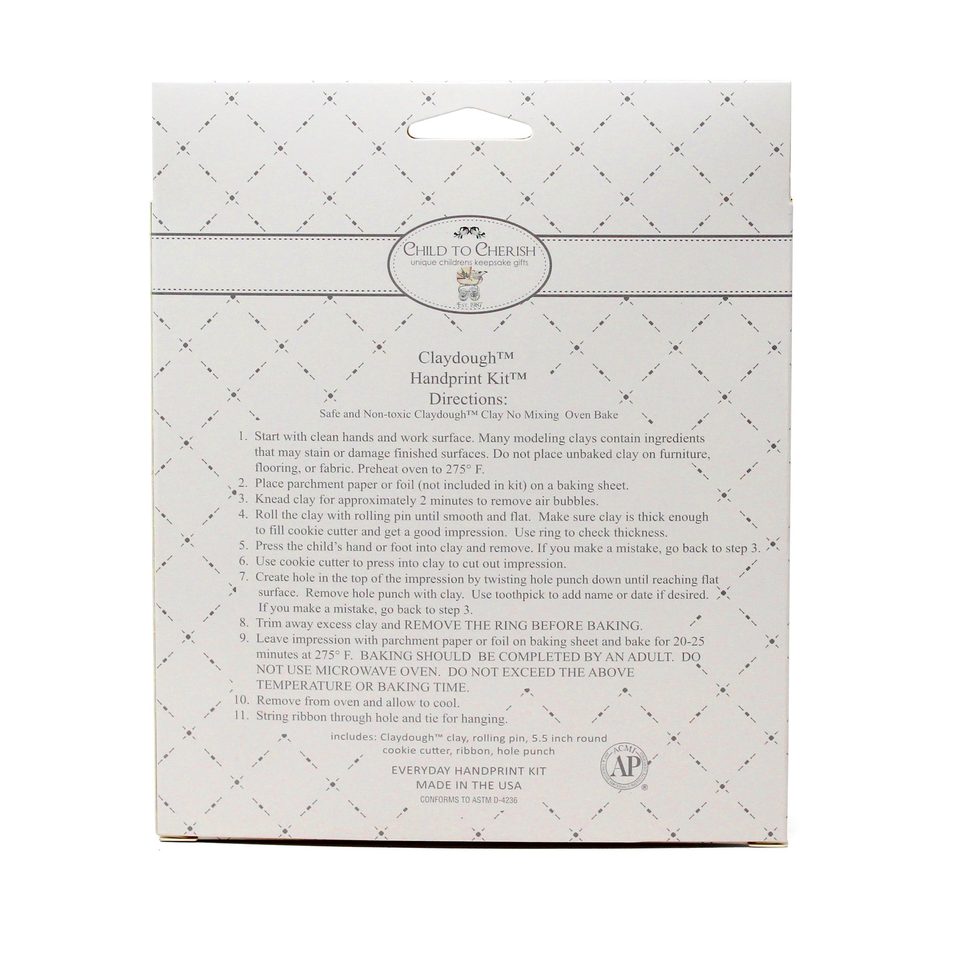 Back of the packaging showing detailed directions and contents of the handprint clay kit