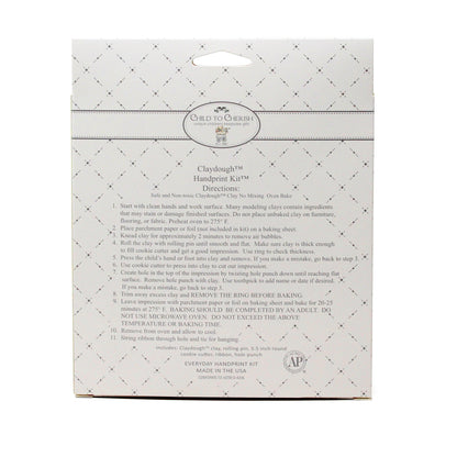 Back of the packaging showing detailed directions and contents of the handprint clay kit