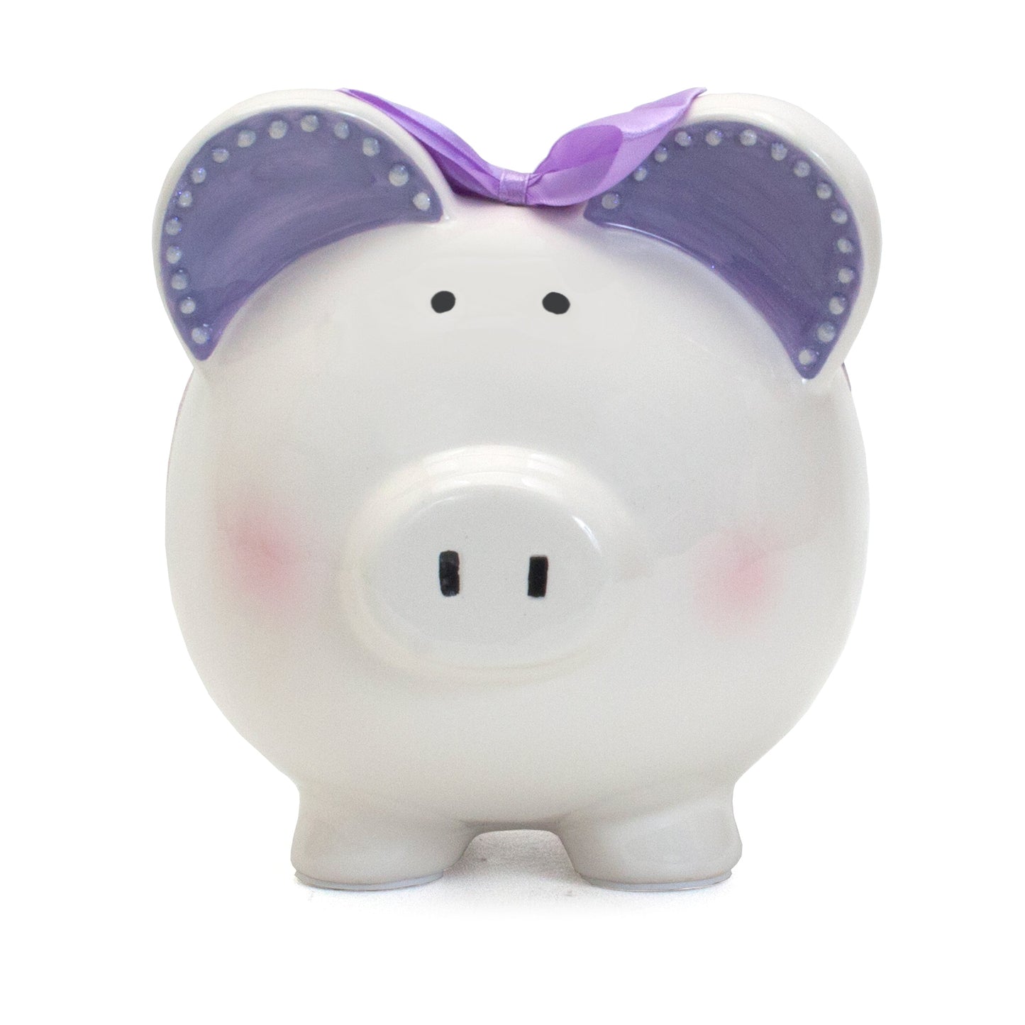 Front view of white handpainted piggy bank with purple ears, pink cheeks and small coin slot