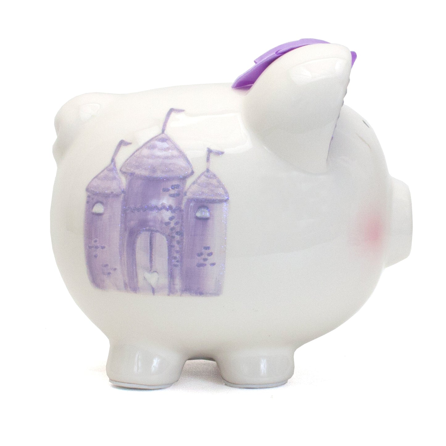 Side view showing handpainted lavender crown design on white ceramic piggy bank