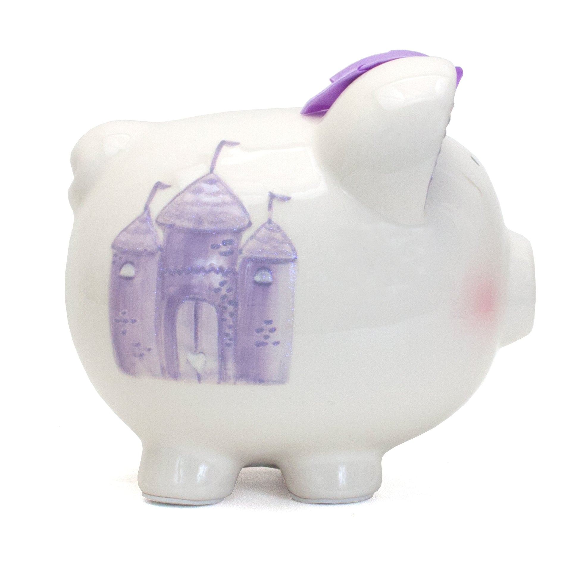 Side view showing handpainted lavender crown design on white ceramic piggy bank