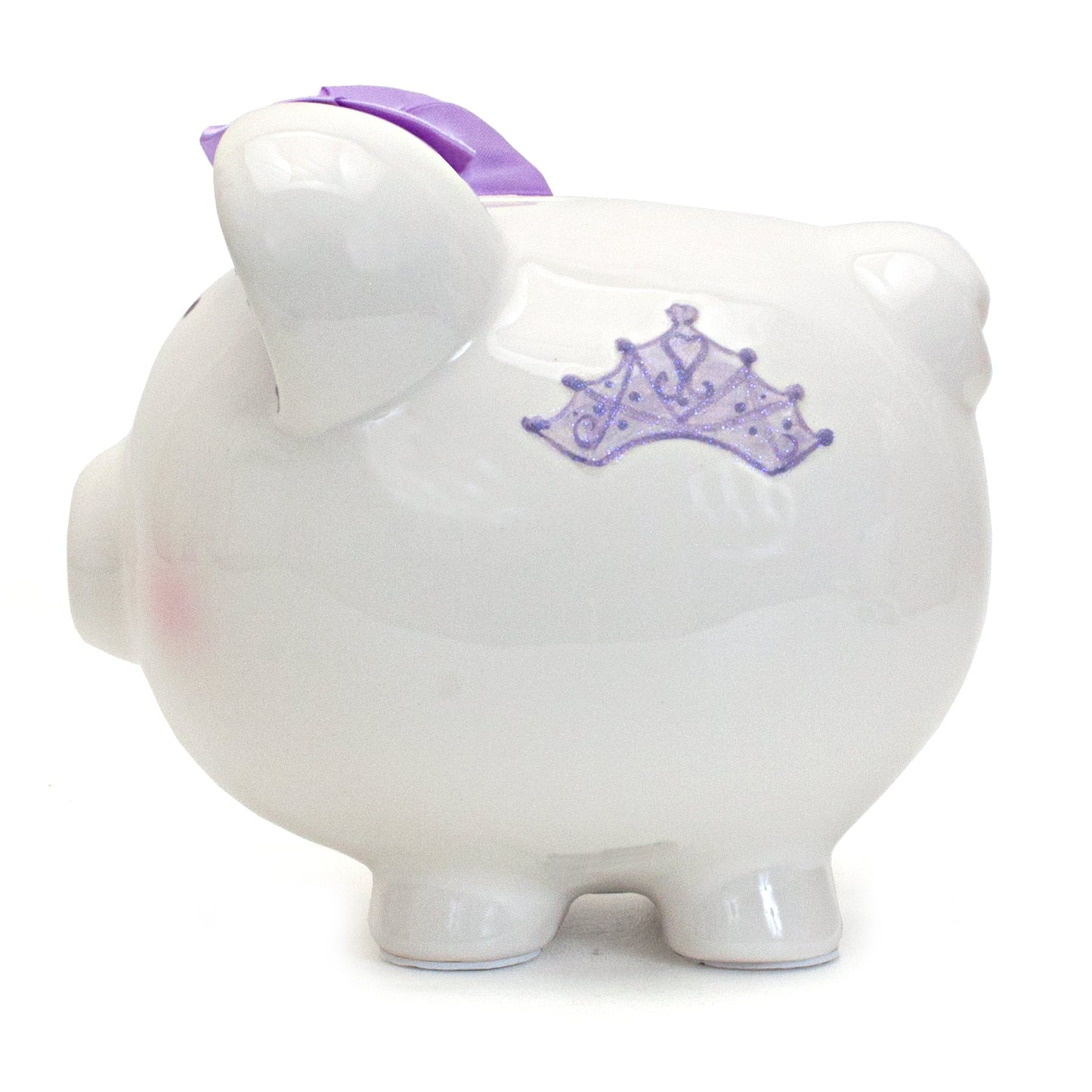 Angle view of lavender fairytale piggy bank with purple bow ears and castle design