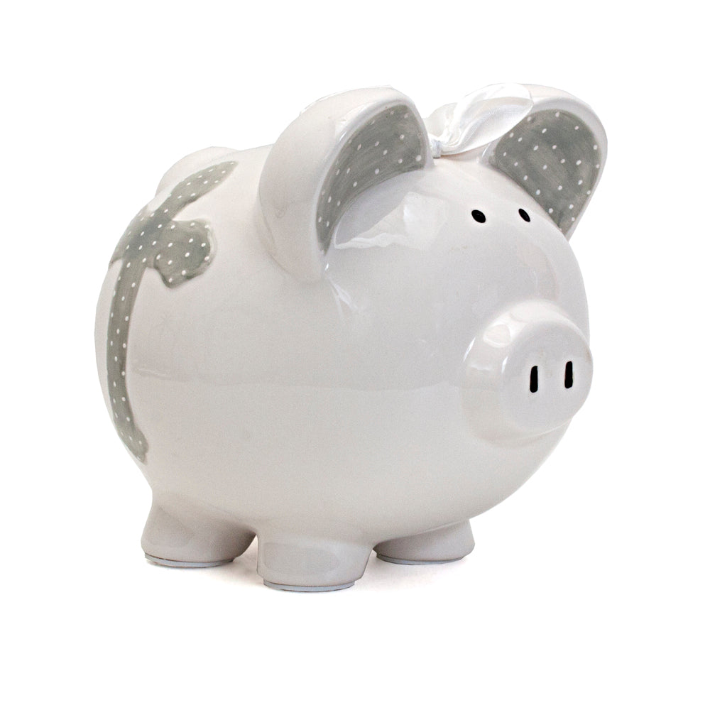 Handpainted gray and white ceramic piggy bank with cross and polka dot ears front view