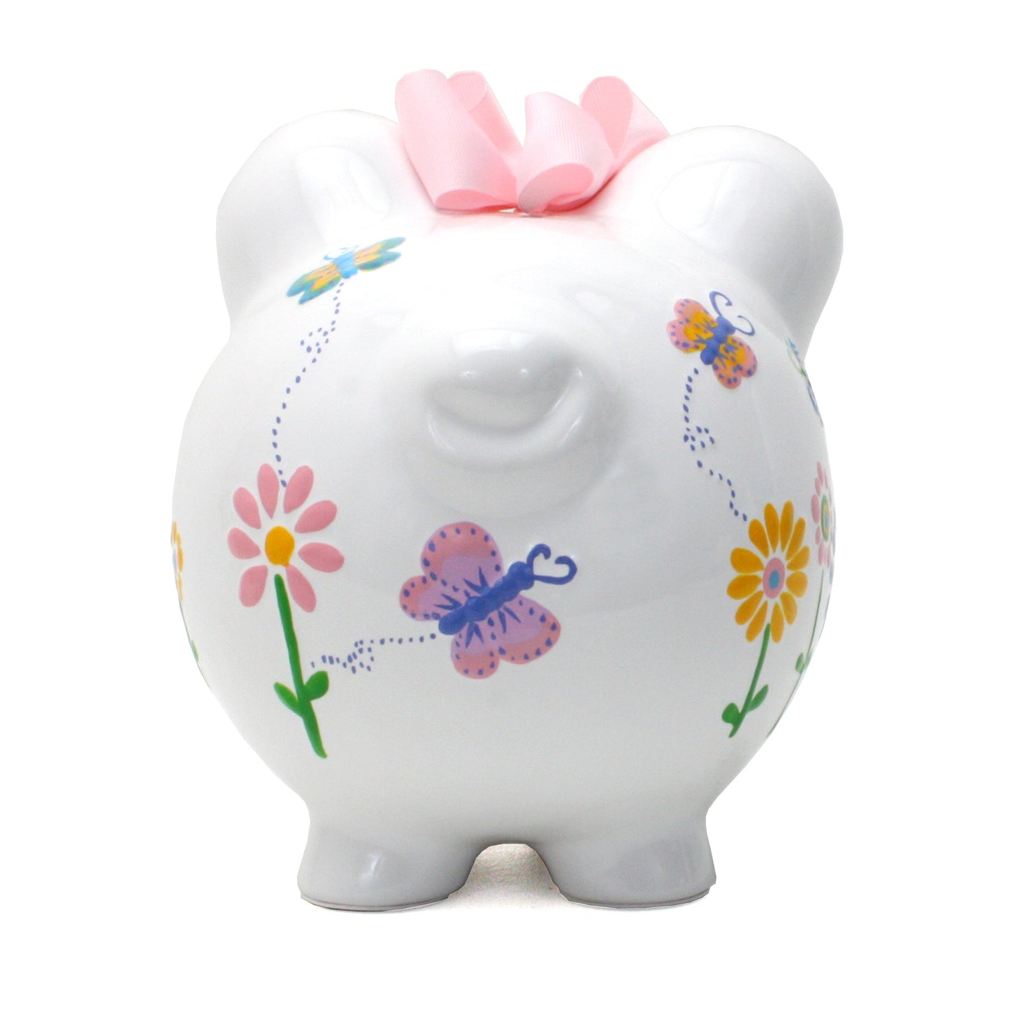 Front view of floral decorated ceramic piggy bank showing butterfly details and pink bow