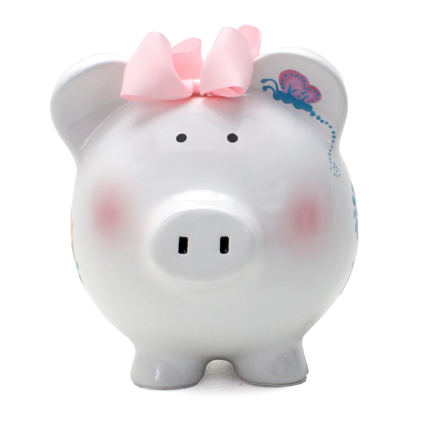 Face-on view of ceramic piggy bank with pink cheeks, black eyes, and pink bow on top