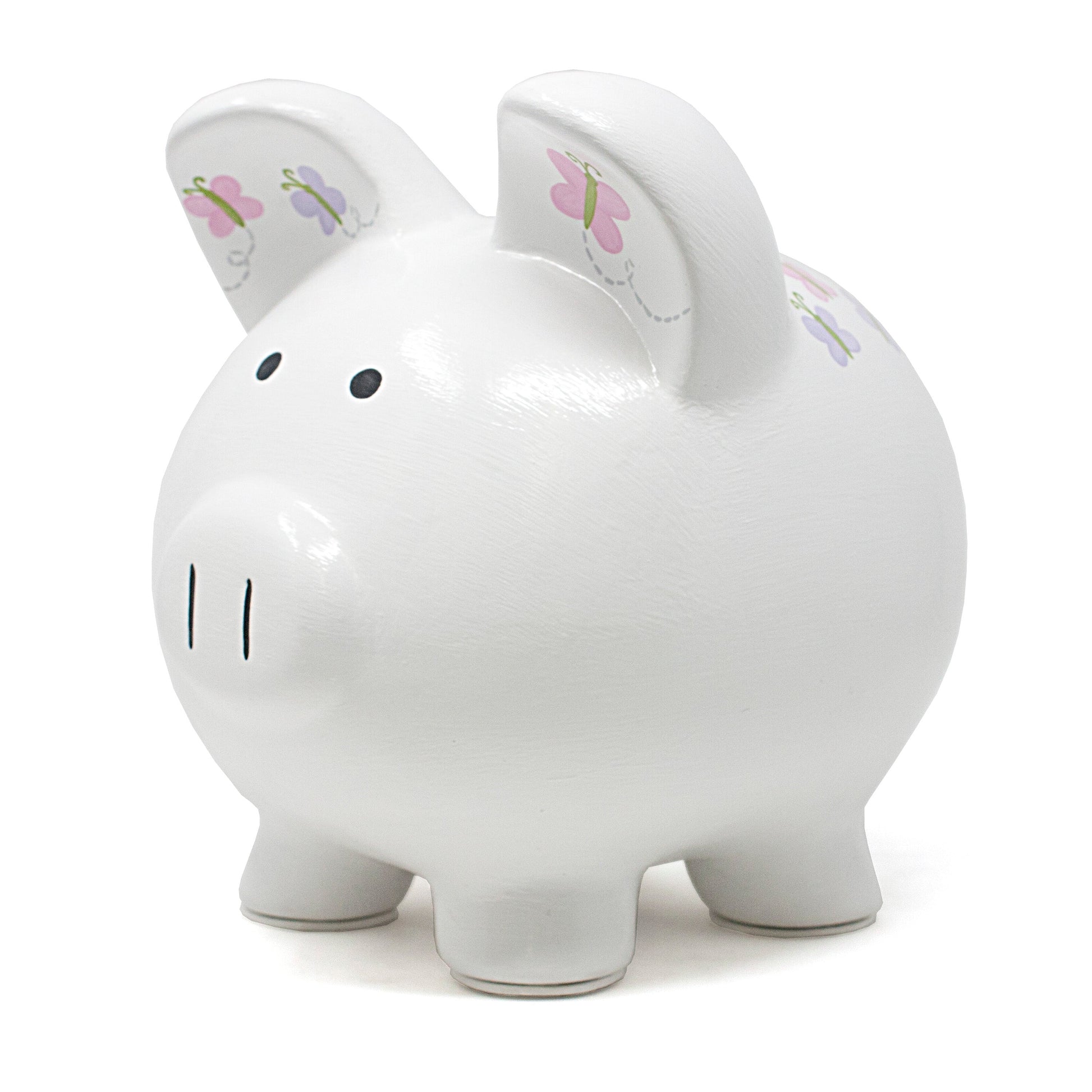 Side view of white piggy bank with horse and butterfly decoration
