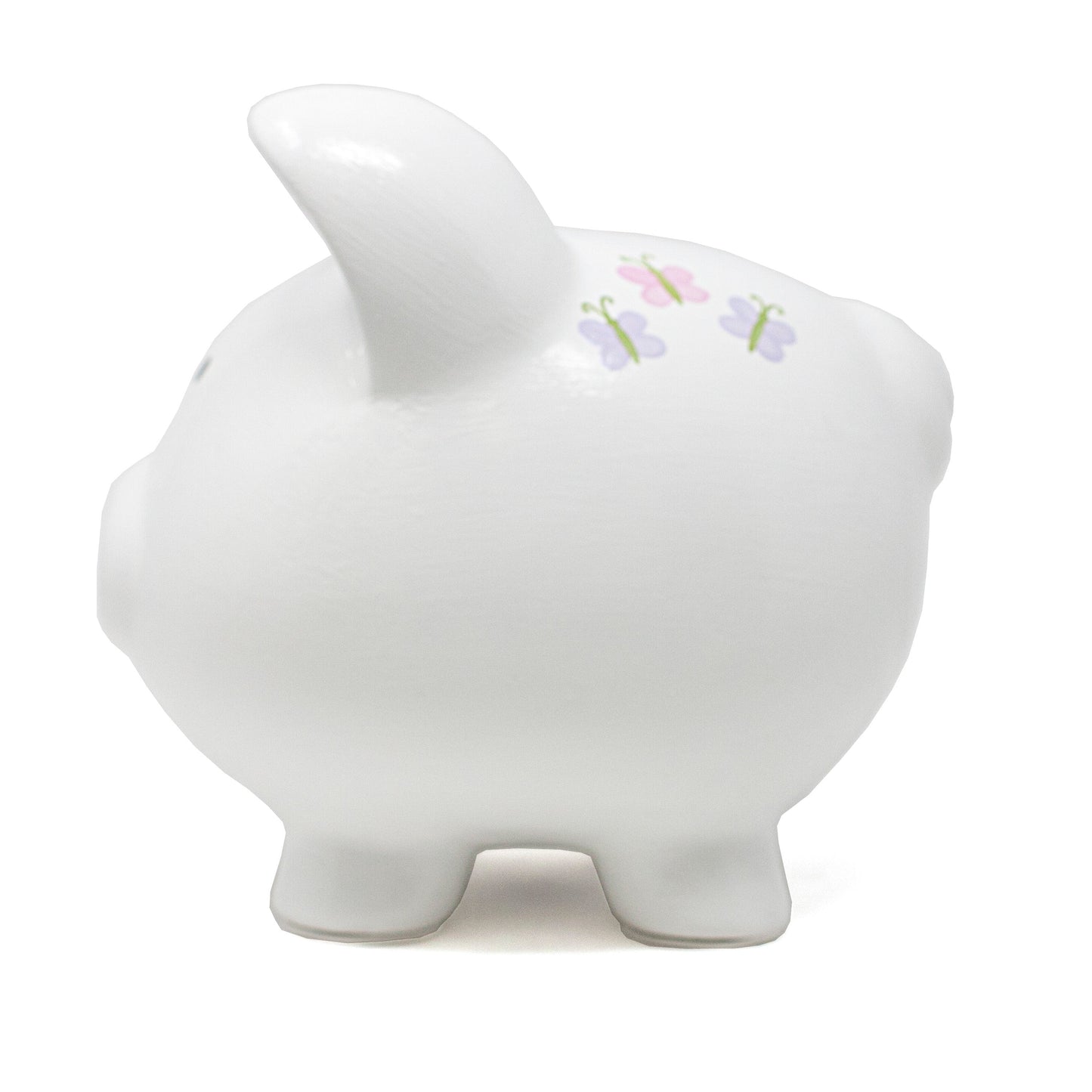 Angled side view showing horse design and butterfly on piggy bank