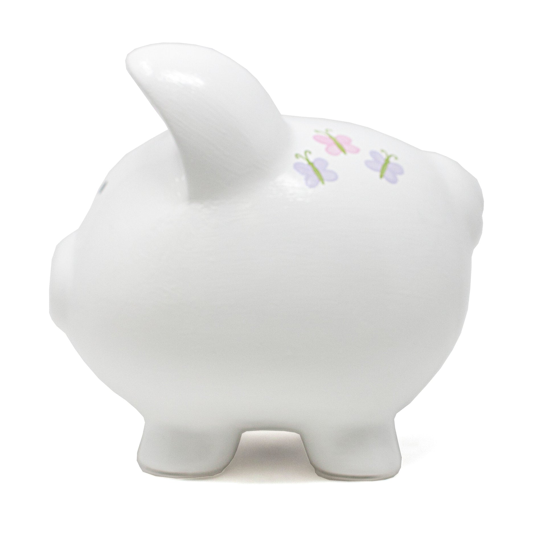 Angled side view showing horse design and butterfly on piggy bank