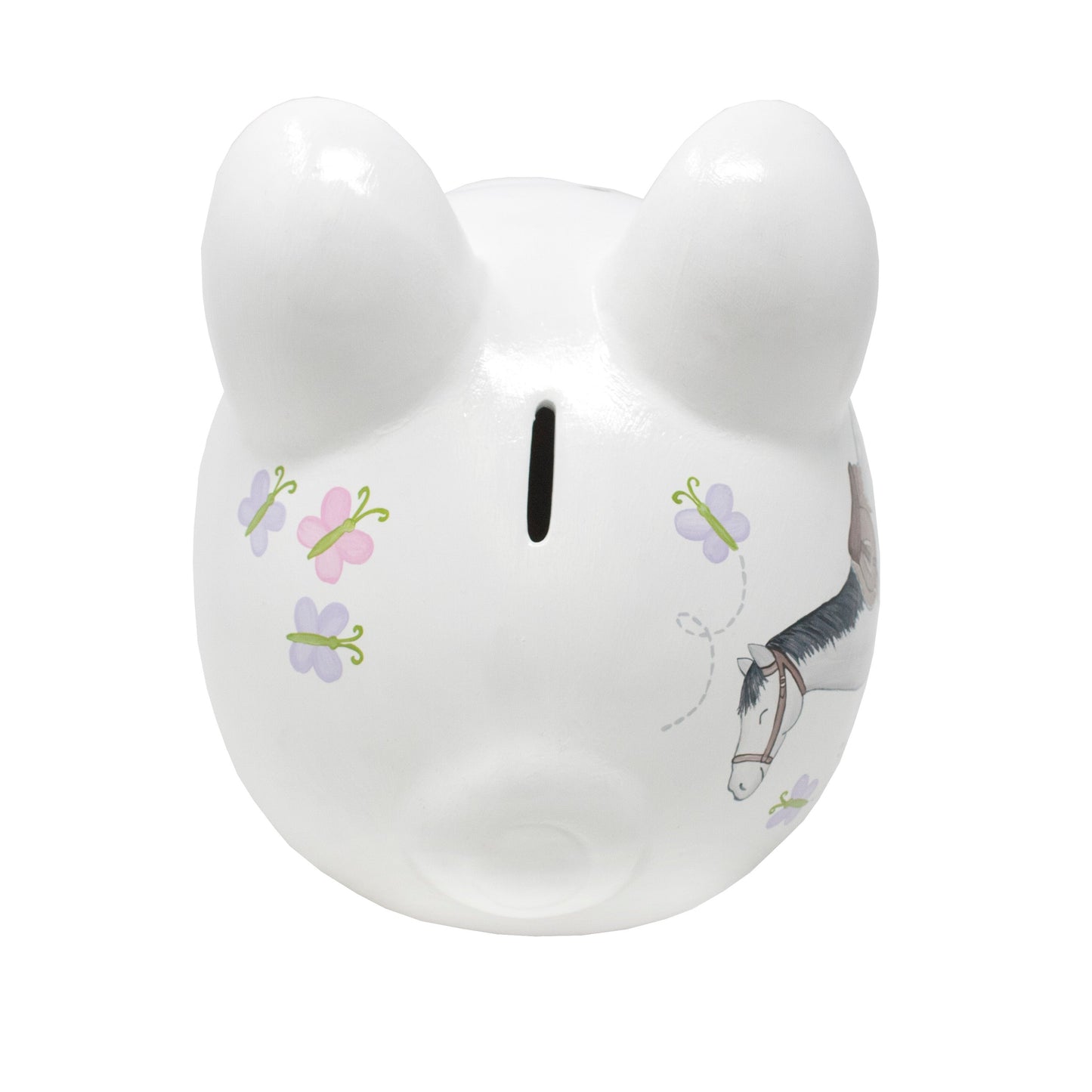 Back view of piggy bank showing rounded shape and smooth white surface