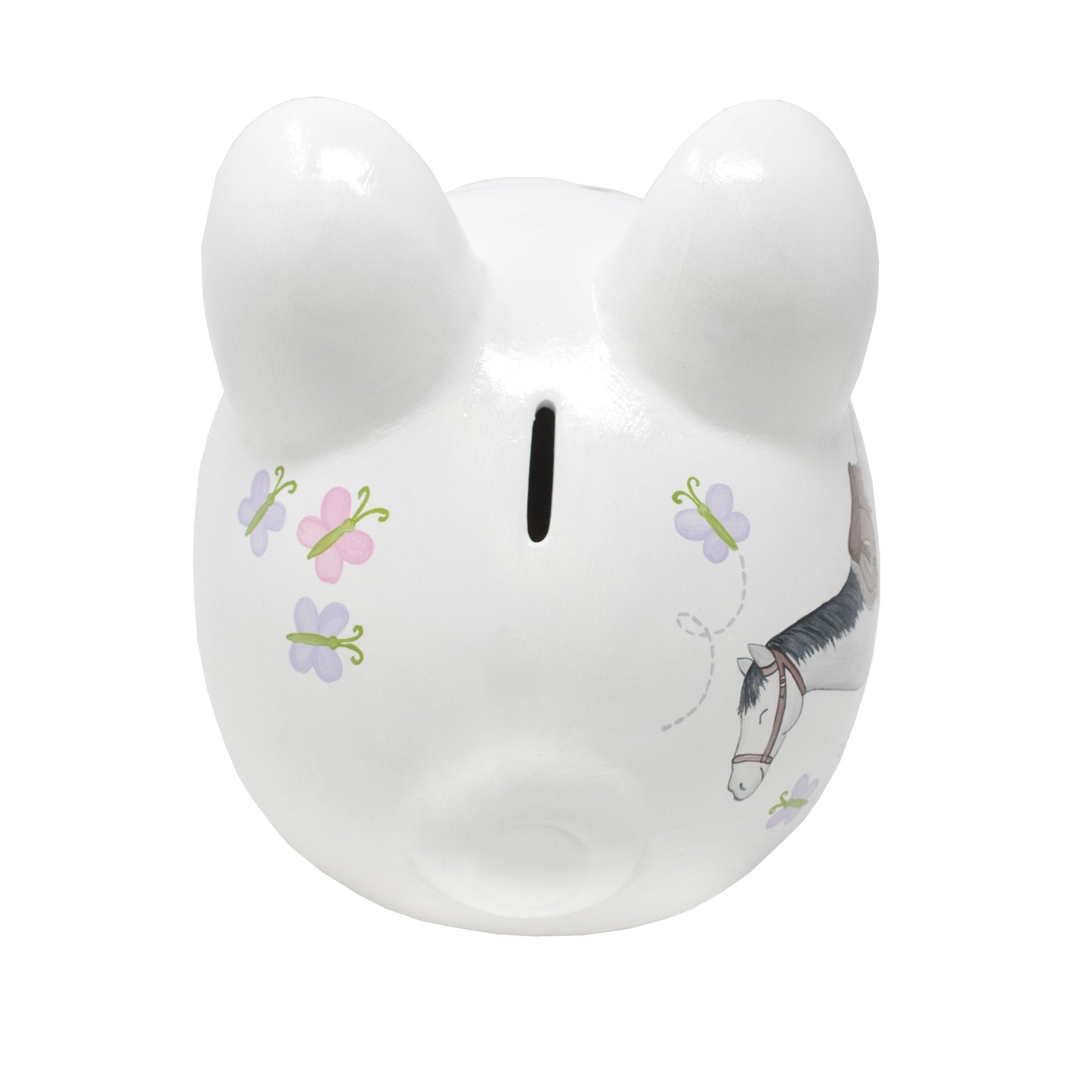Back view of piggy bank showing rounded shape and smooth white surface