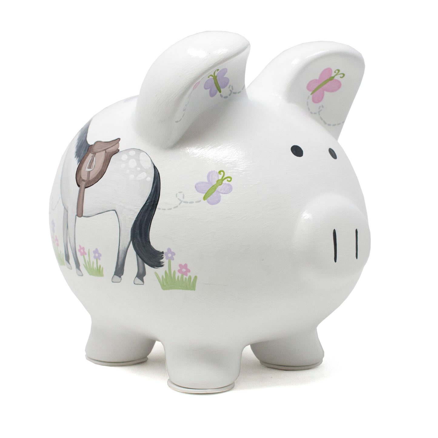 Side view of white piggy bank with handpainted horse and butterflies