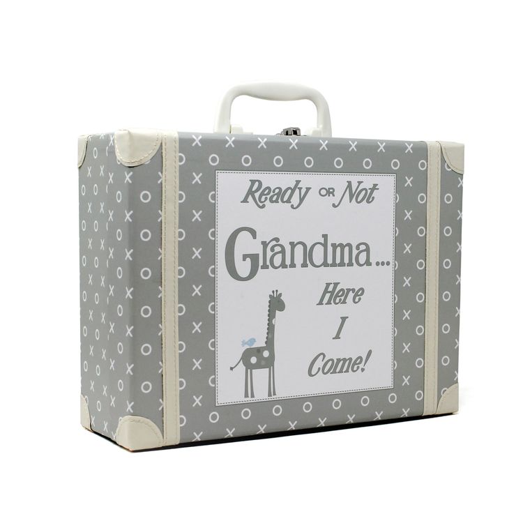 Side angle of gray kids suitcase showing pattern and handle