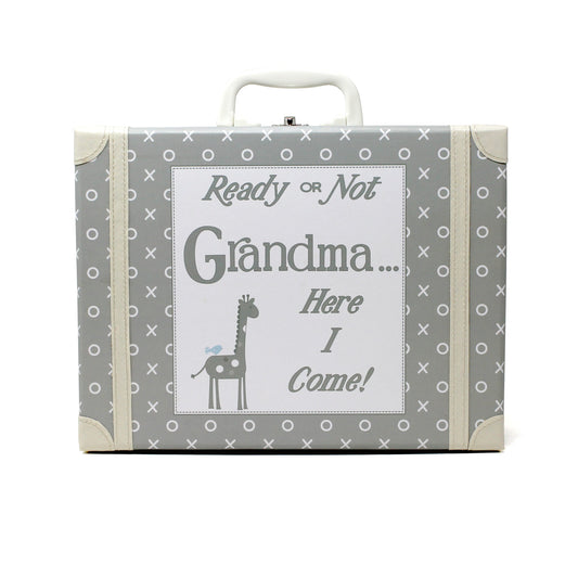 Front view of gray kids suitcase with 'Ready or Not Grandma... Here I Come!' text and giraffe illustration