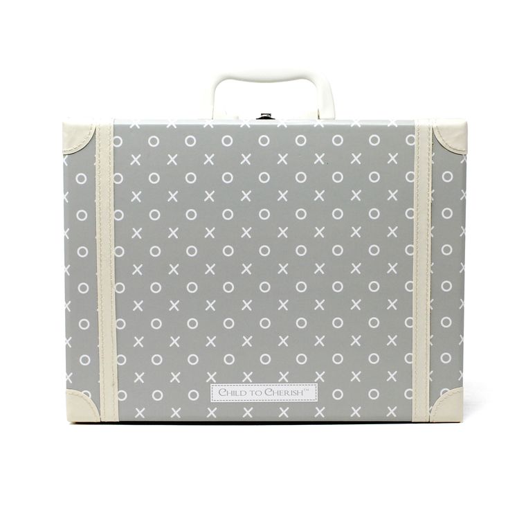 Back view of gray kids suitcase with X and O pattern and Child To Cherish logo