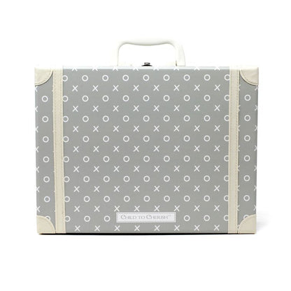 Back view of gray kids suitcase with X and O pattern and Child To Cherish logo