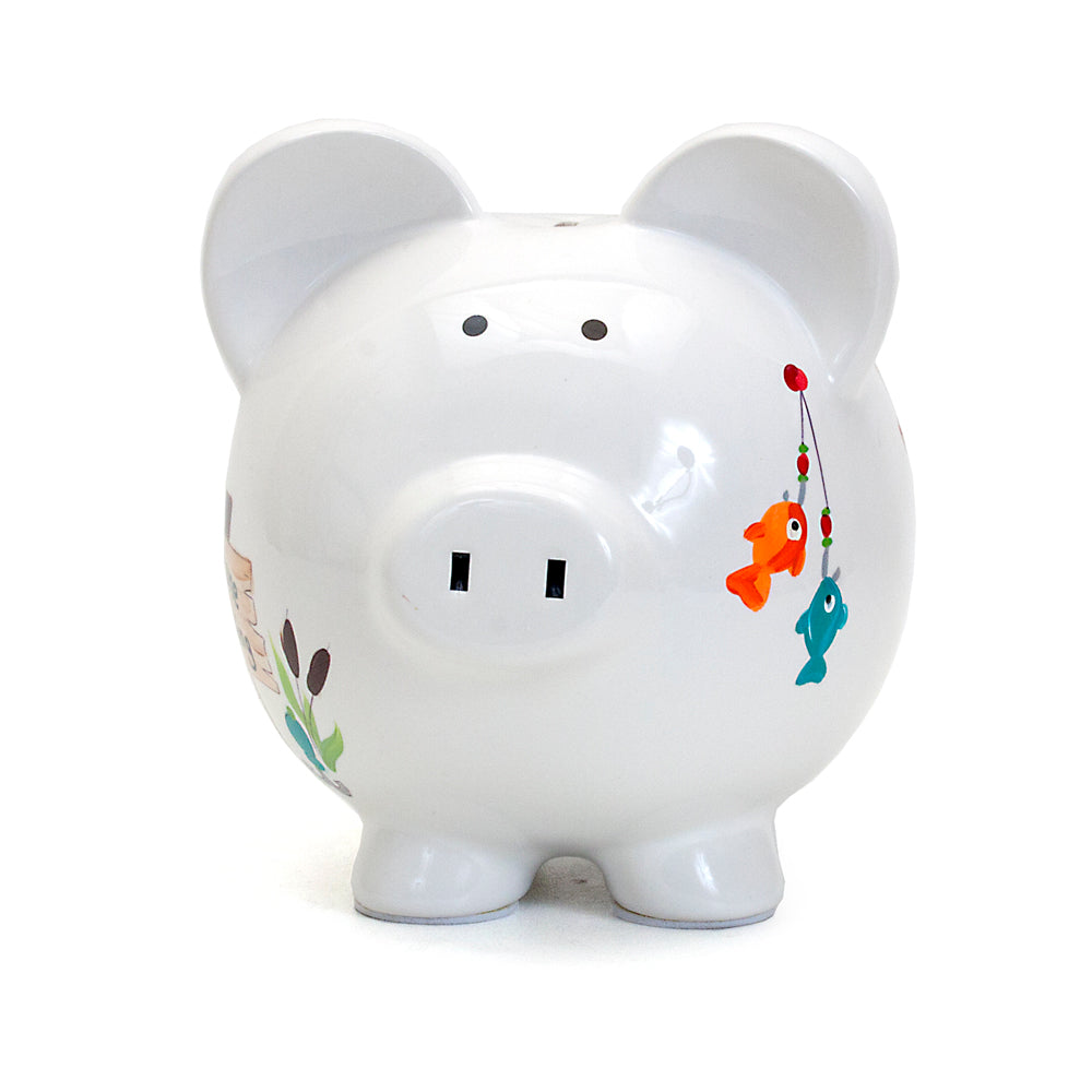 front view of white piggy bank featuring handpainted fishing hooks with orange and blue fish