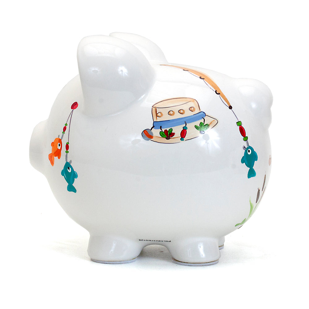 back view of piggy bank showing fishing net and fish handpainted design