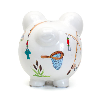 top view showing coin slot on handpainted white ceramic piggy bank