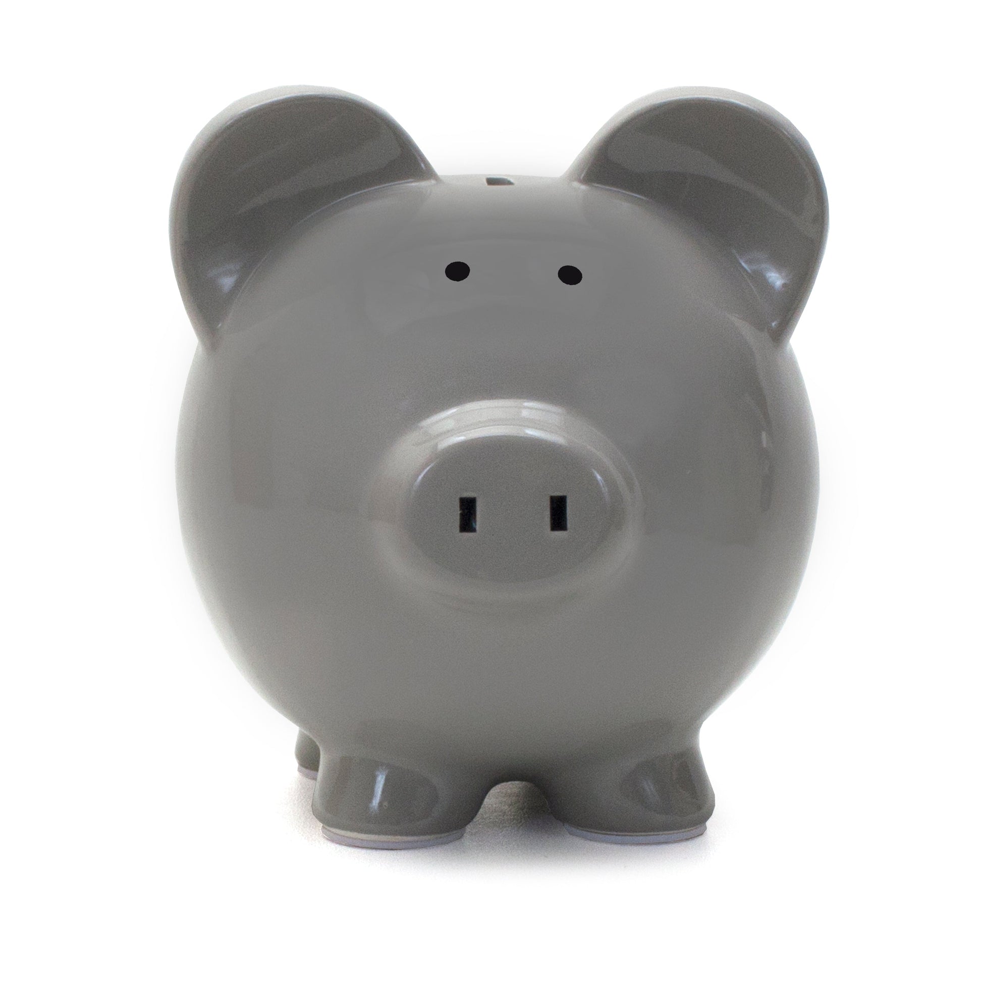 Front view of gray ceramic piggy bank with simple eyes and snout slots