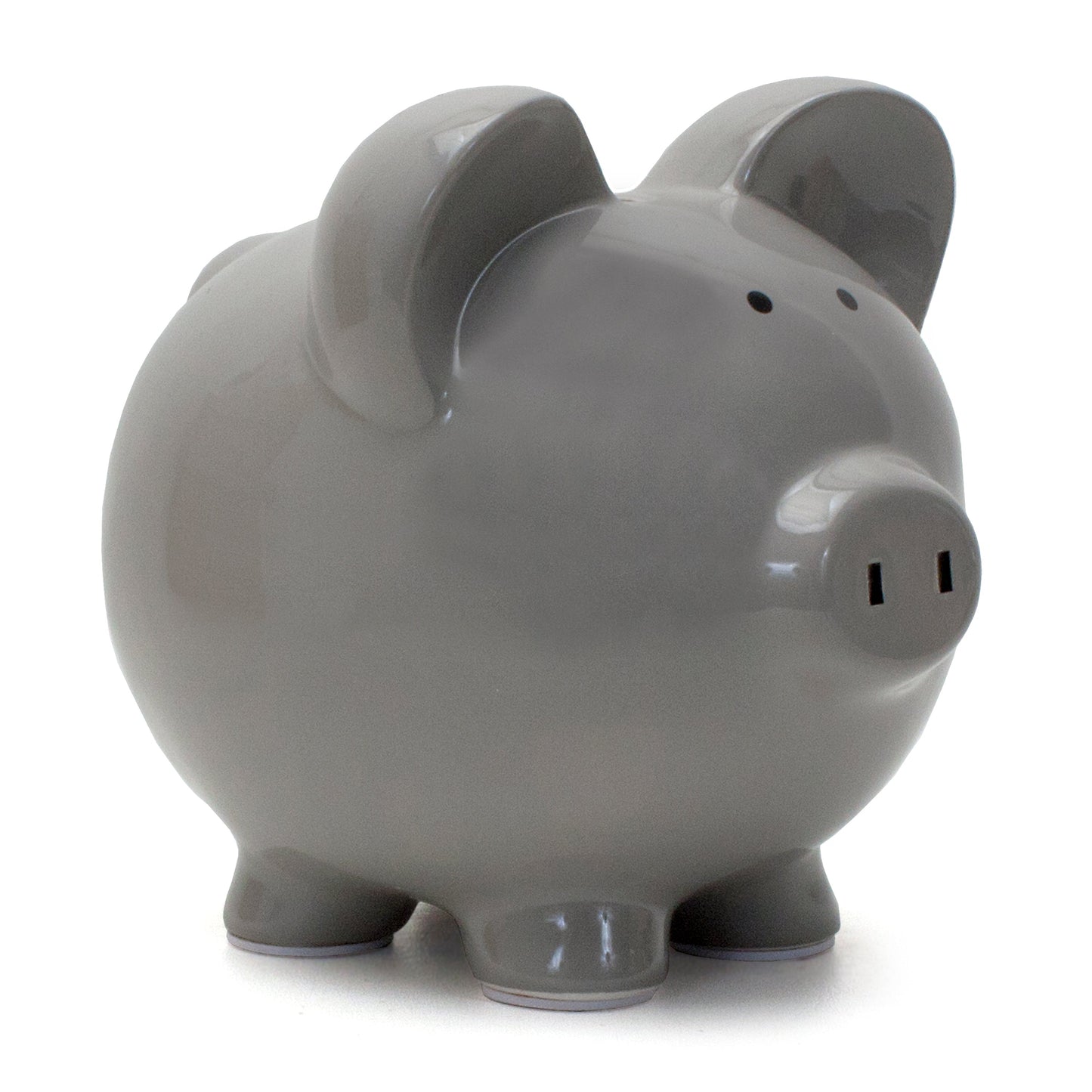 Gray ceramic piggy bank with glossy finish, side view