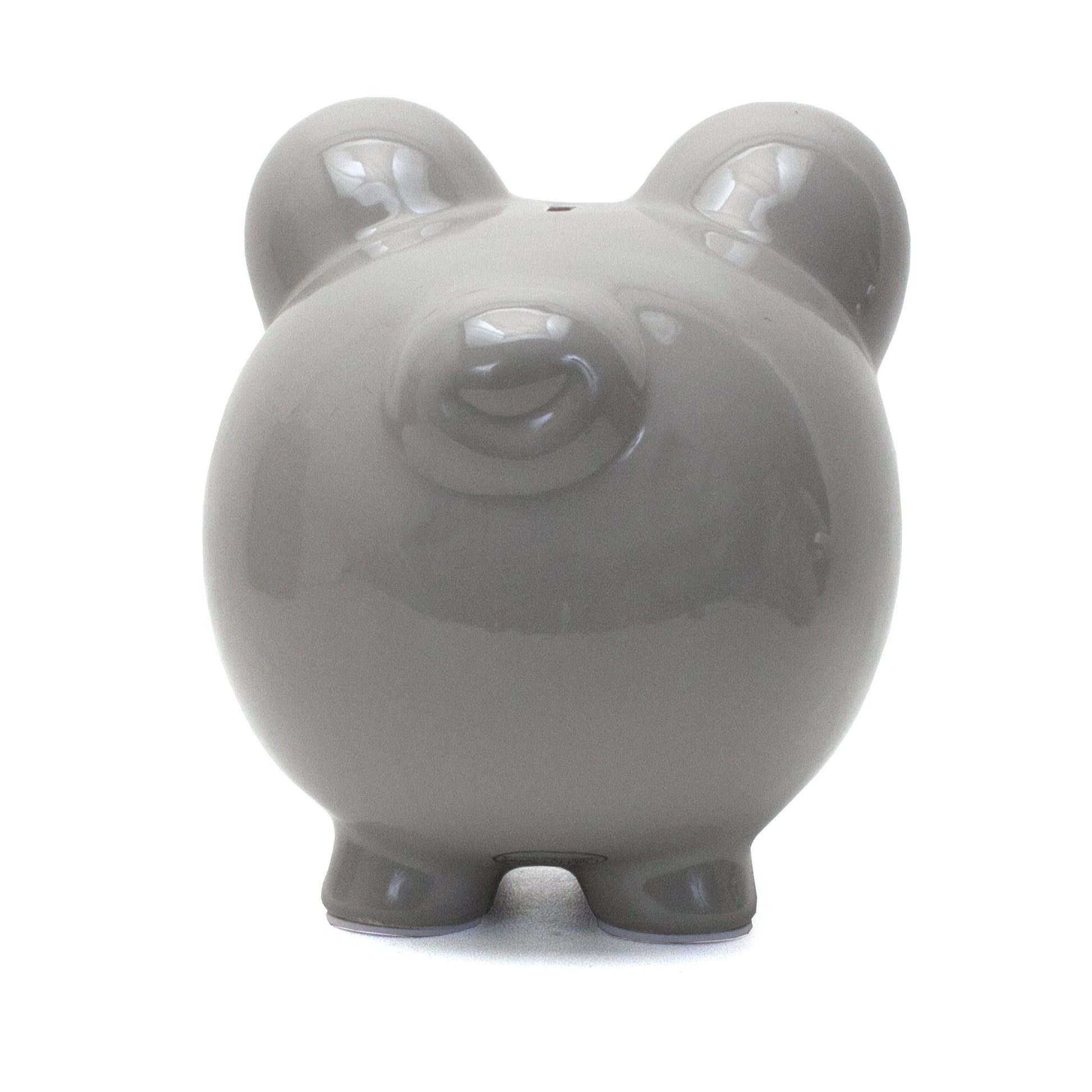 Back view of gray ceramic piggy bank showing slot and smooth surface