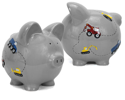 Front and back views of the gray handpainted construction-themed piggy bank