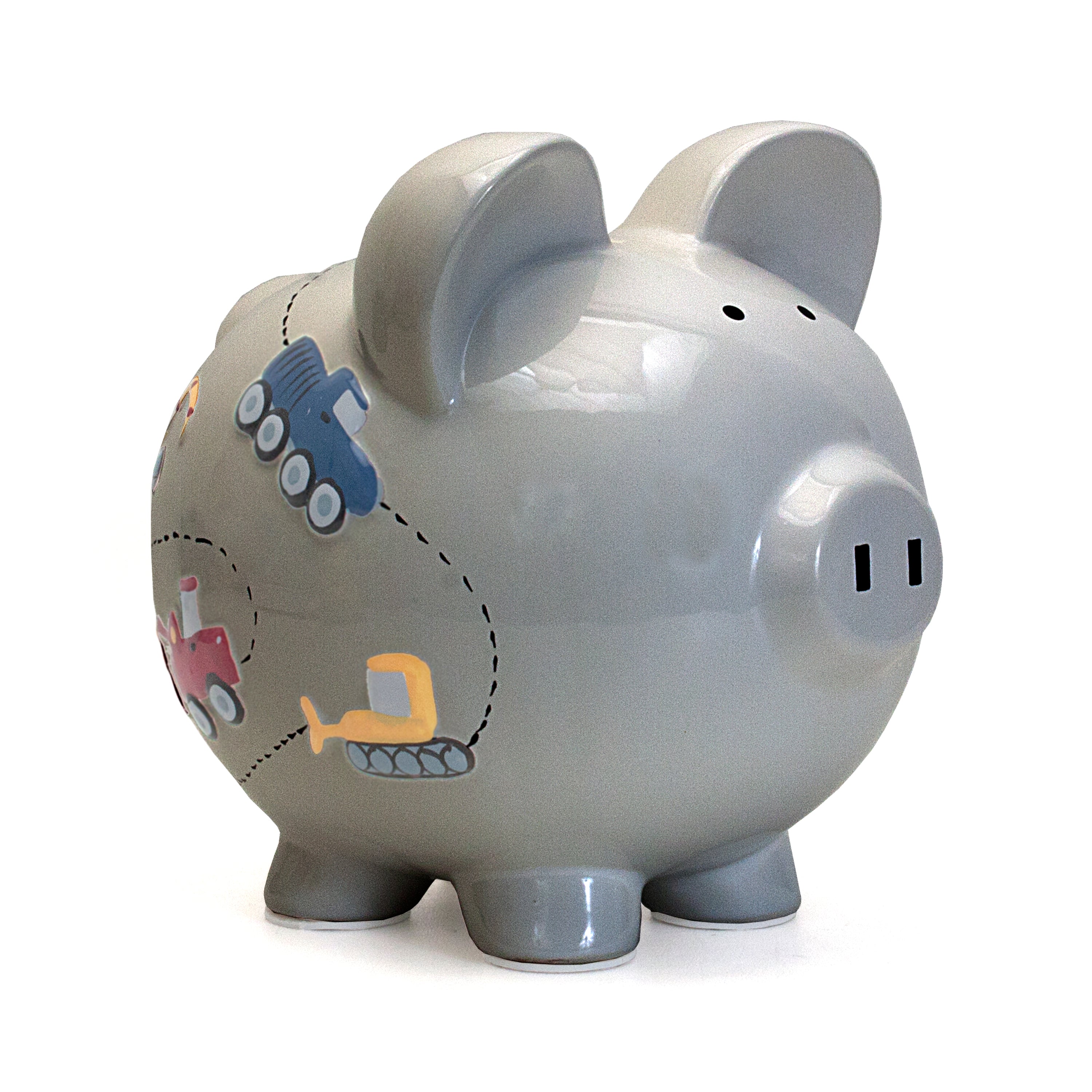 Gray ceramic piggy bank with handpainted construction vehicles on side view