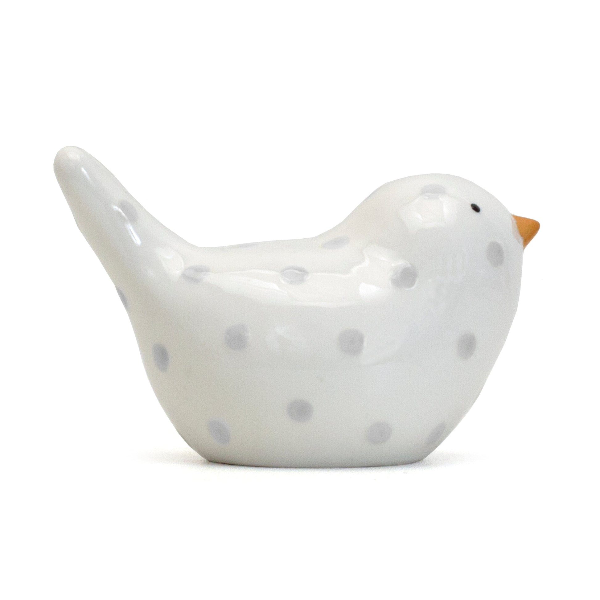 Left side view of gray dotted birdie piggy bank with glossy finish