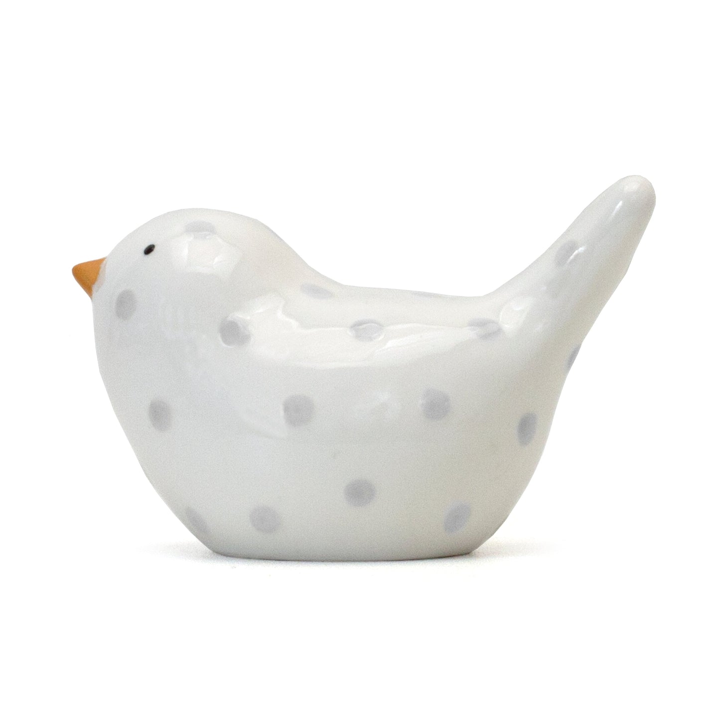 Right side view of gray dotted birdie piggy bank highlighting bird shape