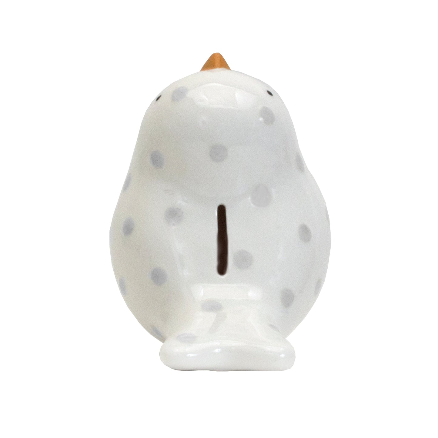 Top view showing coin slot on gray dotted birdie ceramic piggy bank