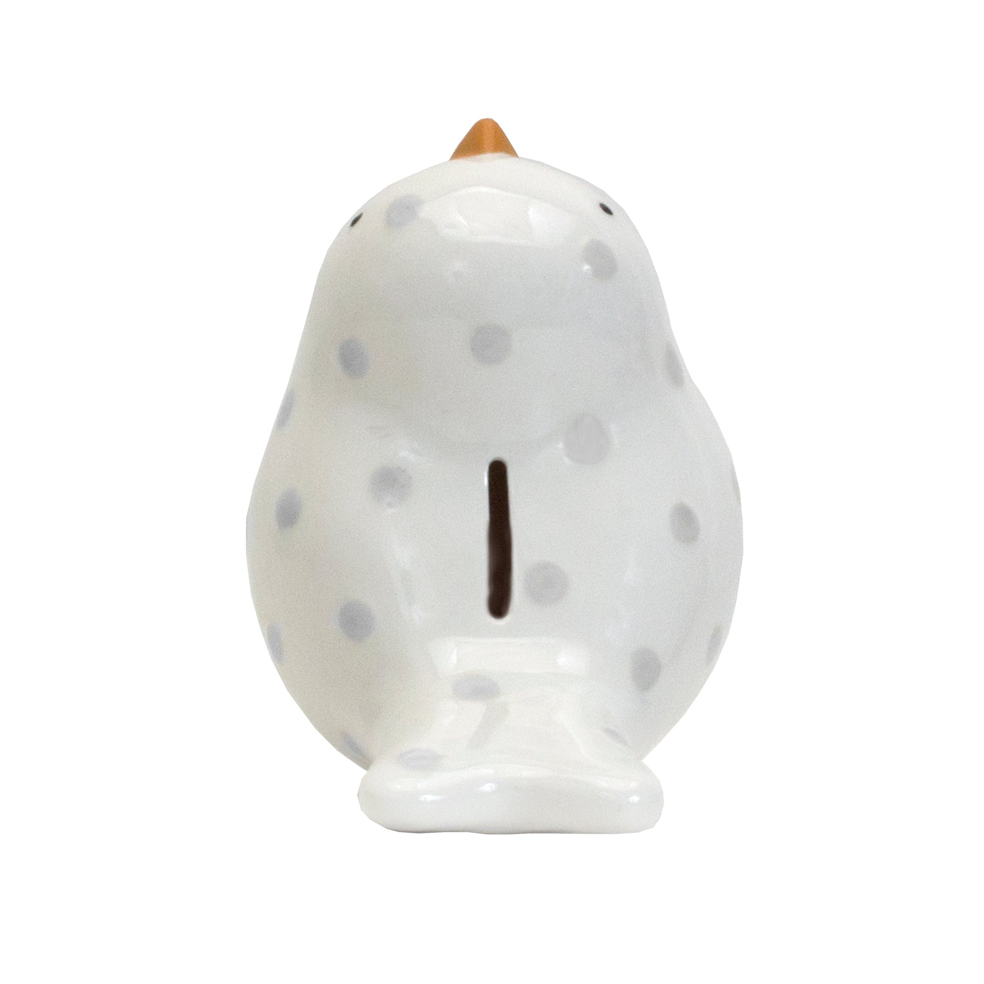 Top view showing coin slot on gray dotted birdie ceramic piggy bank