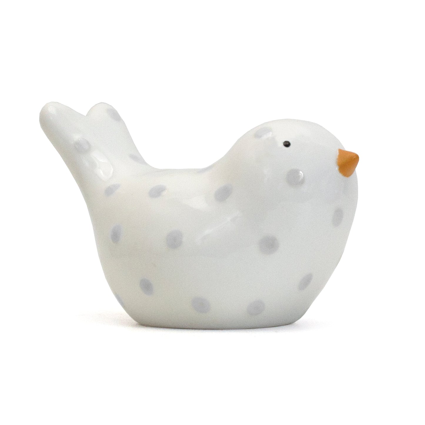 Front side view of gray dotted birdie ceramic piggy bank with orange beak