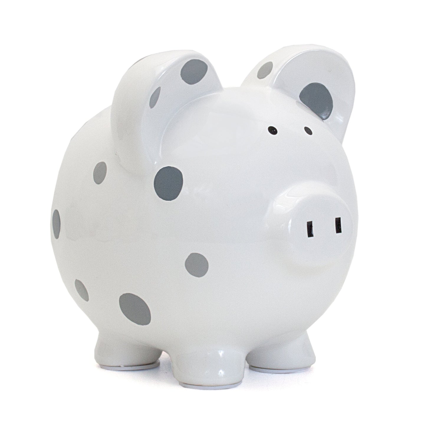 Front angled view of a white piggy bank with handpainted gray polka dots