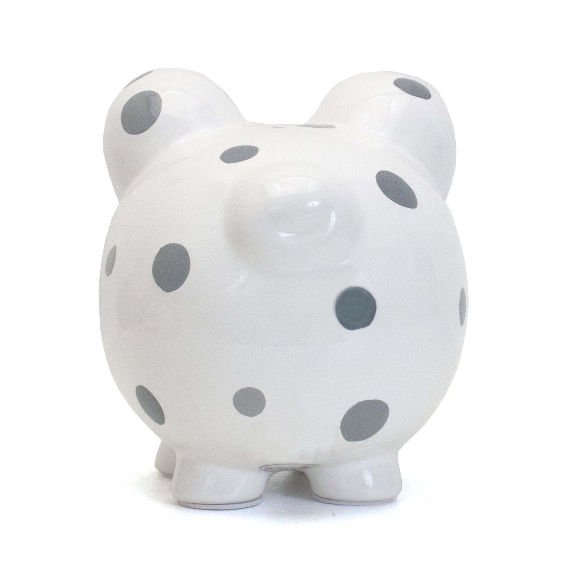 Back angled view of the piggy bank highlighting its four short feet and tail details