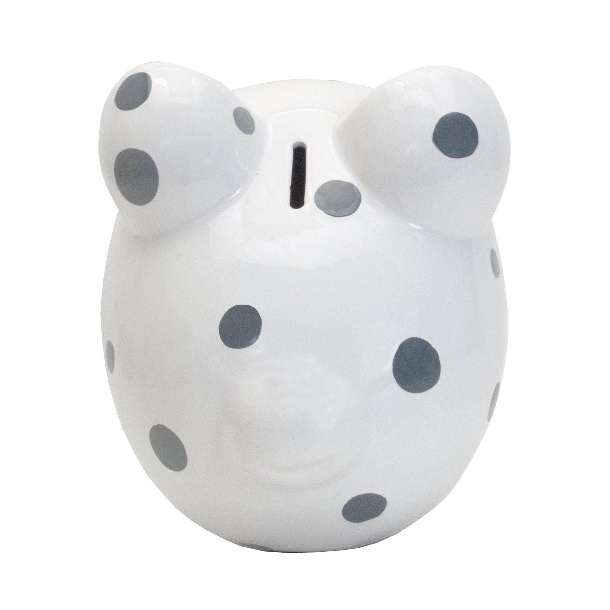 Back view illustrating the full polka dot design and ceramic texture of the piggy bank