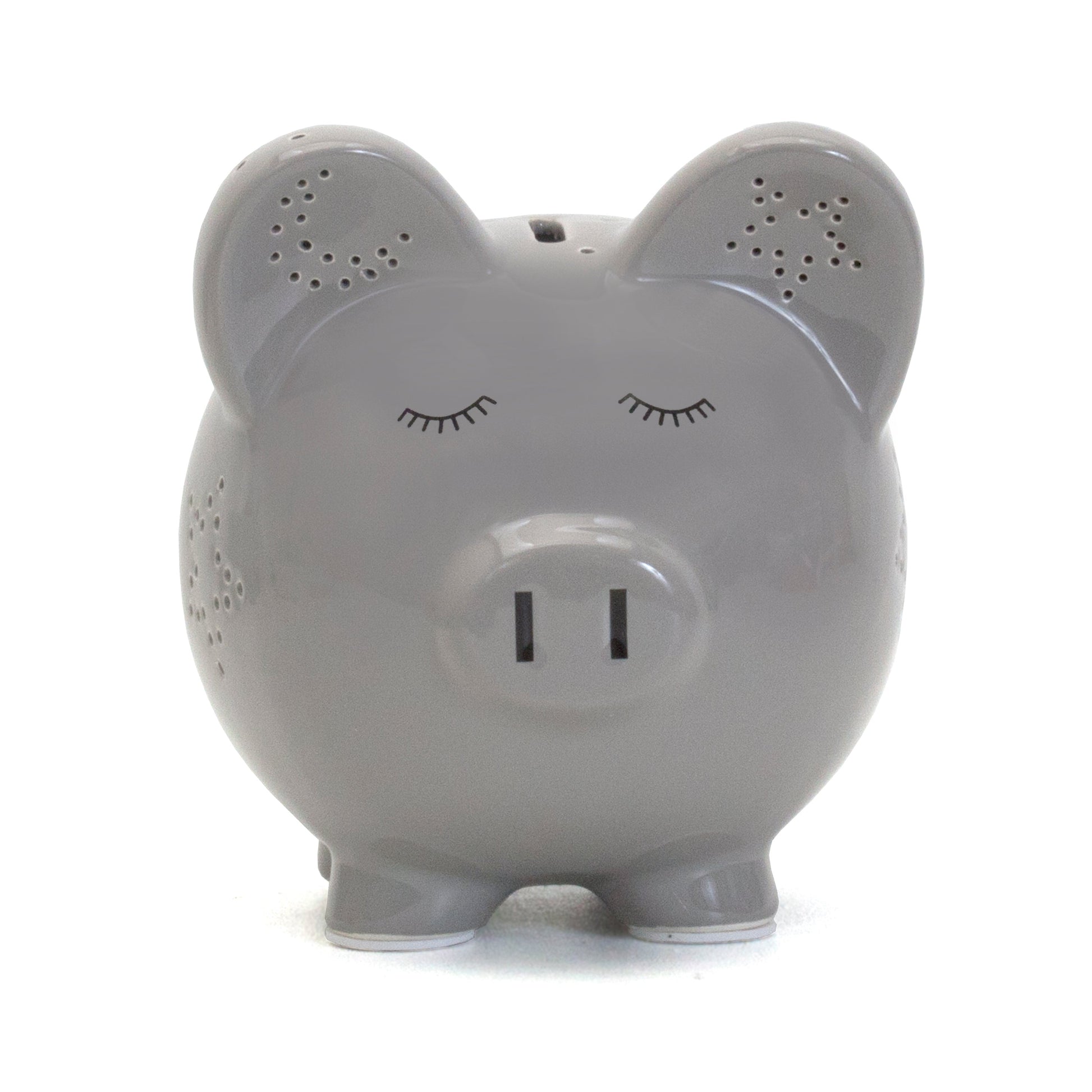Side view of gray ceramic pig showing star and crescent moon perforations