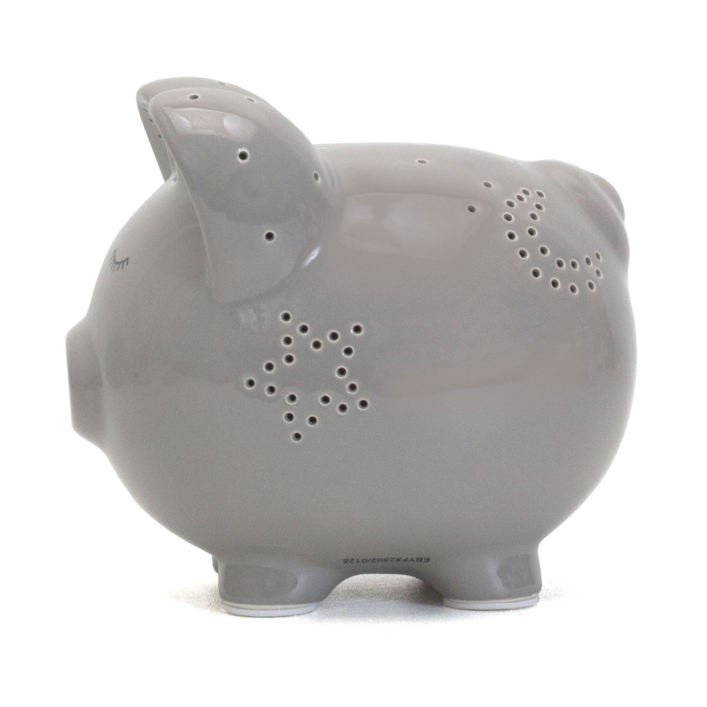 Back view of gray ceramic pig showing full body and perforations