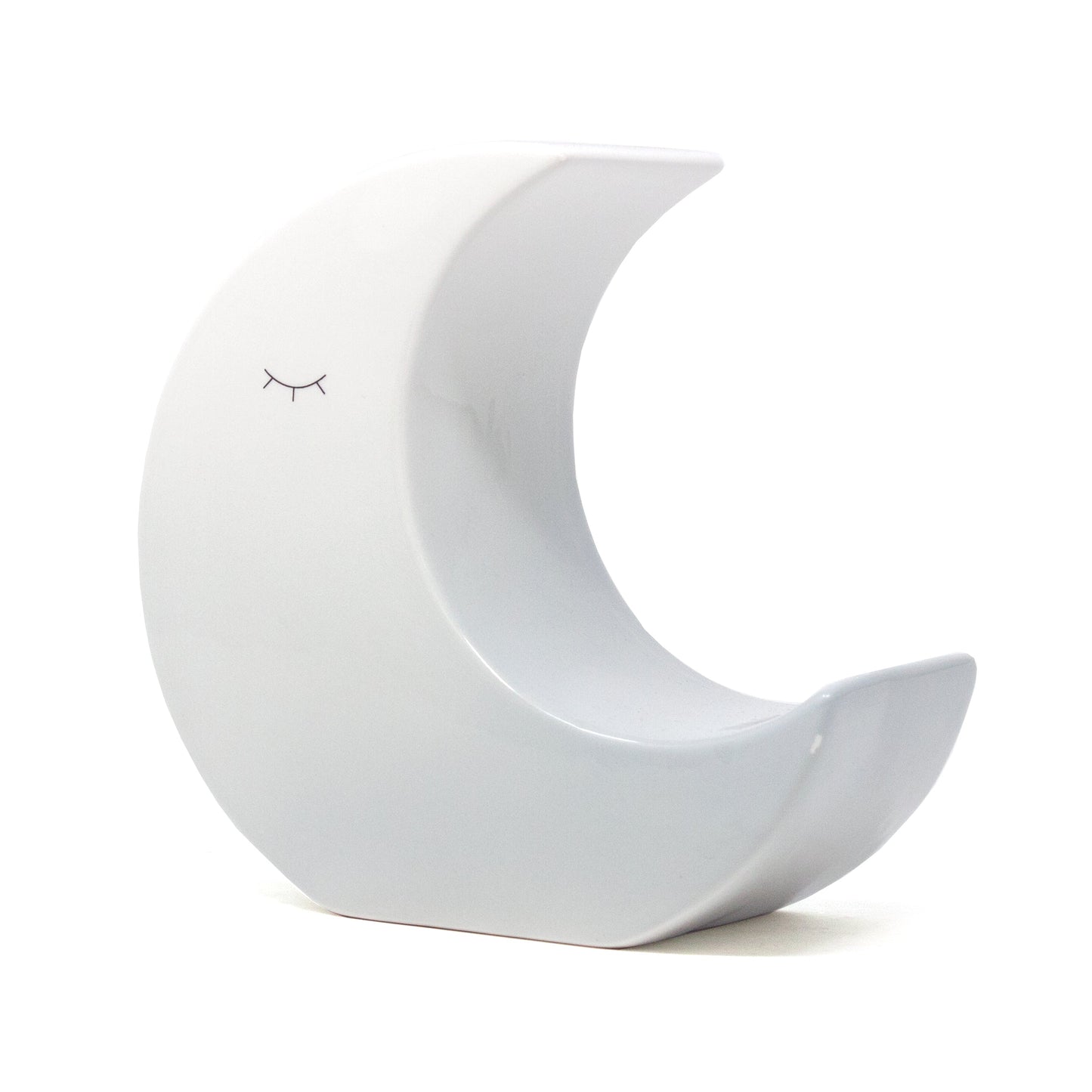 Gray ombre ceramic crescent moon shaped money bank with a sleepy eye design