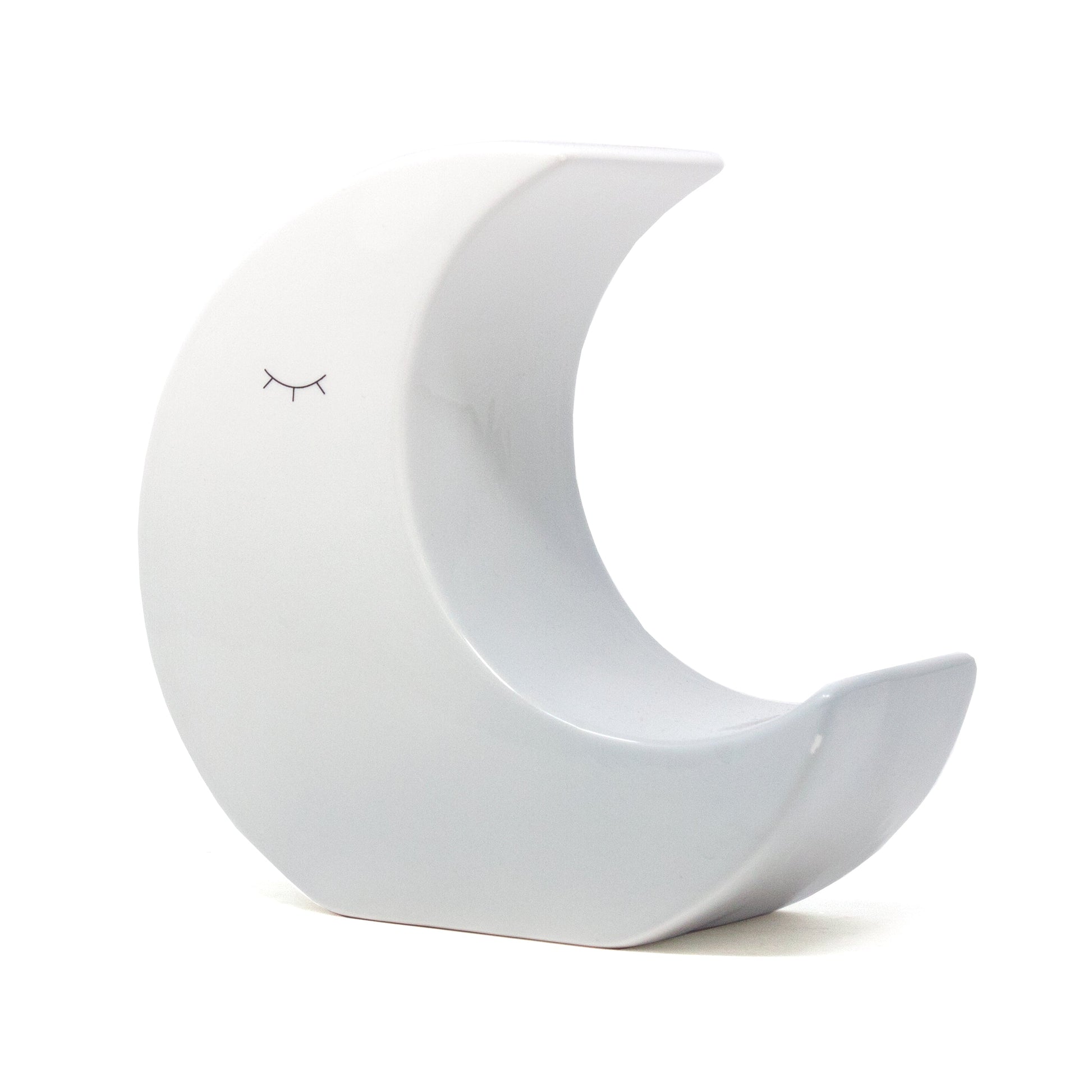 Gray ombre ceramic crescent moon shaped money bank with a sleepy eye design