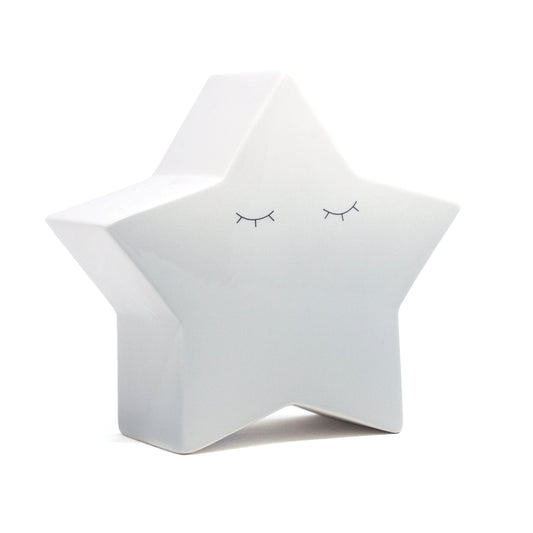 Gray ombre star-shaped ceramic piggy bank with handpainted closed eyelashes