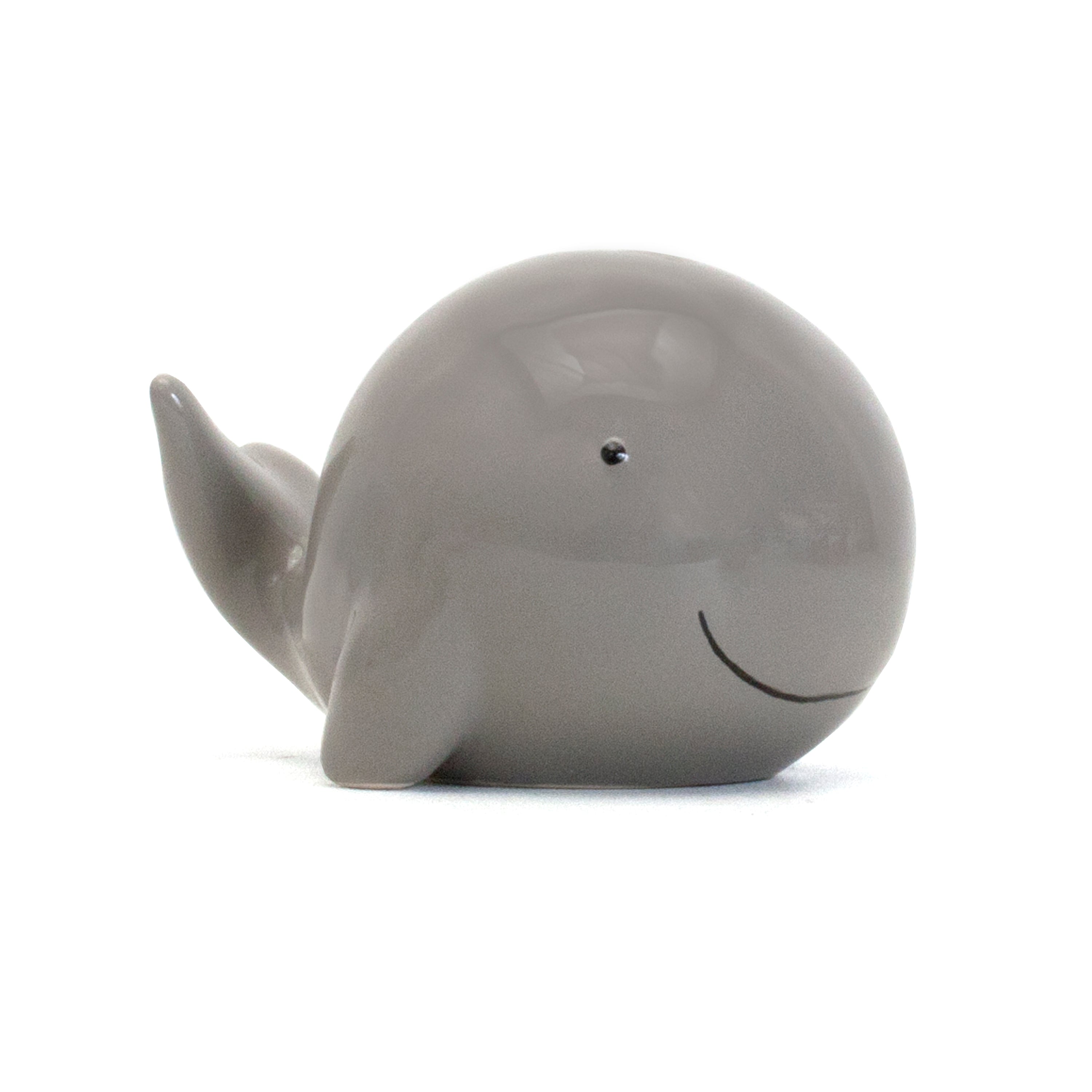 Gray ceramic whale piggy bank front side view with smiling face