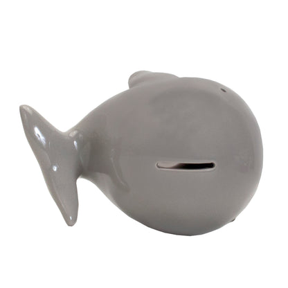 Gray ceramic whale piggy bank top view showing coin slot on back