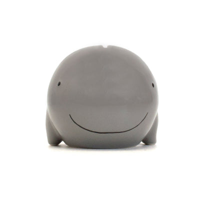 Gray ceramic whale piggy bank front view with smiling face and eyes