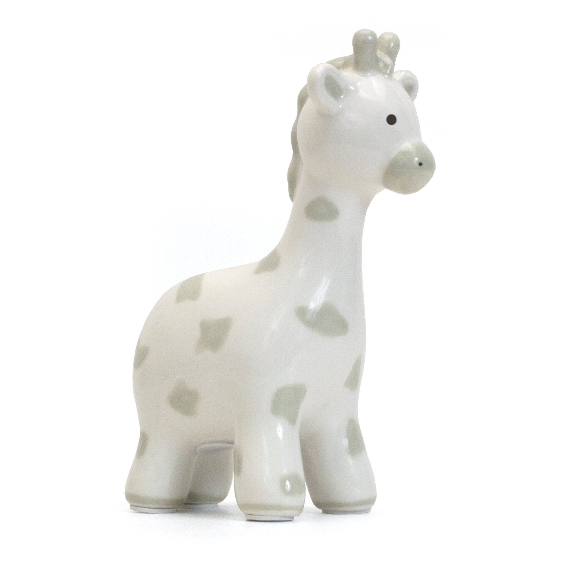 Front angled view of gray spotted giraffe piggy bank